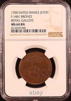 1709 France Jeton Royal Galleys NGC MS64 BN Very Rare Top Pop! Exquisite