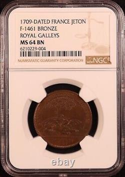 1709 France Jeton Royal Galleys NGC MS64 BN Very Rare Top Pop! Exquisite