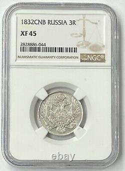 1832 CNB Czar Nicholas I Imperial Russia 3 Ruble Platinum NGC XF45 Very Rare