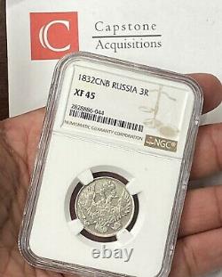 1832 CNB Czar Nicholas I Imperial Russia 3 Ruble Platinum NGC XF45 Very Rare