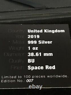 2019 BRITANNIA 2£ (VERY RARE #7 of 100) SPACE RED ROYAL ARMS. 999 SILVER (0275)
