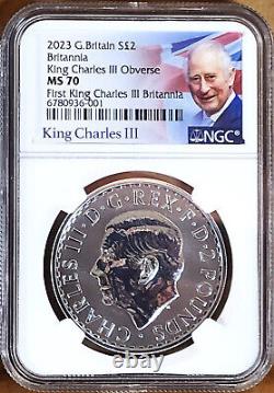 2023 2 pound silver britannia king charles III ngc ms70 portrait MS70 Very Rare