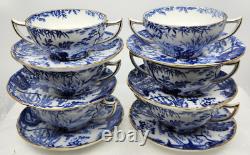 6 X Royal Crown Derby Blue Mikado Cream Soup Bowls & Under Plates Very Rare