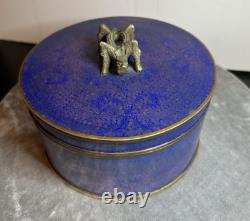 Antique Chinese Cloisonne Round Box Royal Blue And Gold Very Rare One Of A Kind