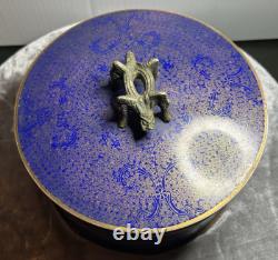 Antique Chinese Cloisonne Round Box Royal Blue And Gold Very Rare One Of A Kind