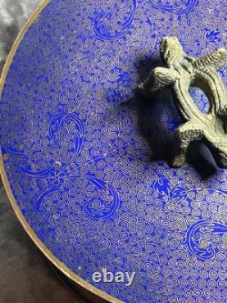 Antique Chinese Cloisonne Round Box Royal Blue And Gold Very Rare One Of A Kind