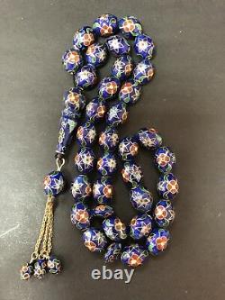 Antique Enameled 925 Silver Prayers Beads 33 Beads Rosary Very Rare Royal Blue
