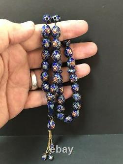 Antique Enameled 925 Silver Prayers Beads 33 Beads Rosary Very Rare Royal Blue