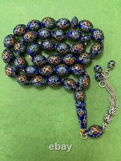 Antique Enameled 925 Silver Prayers Beads 33 Beads Rosary Very Rare Royal Blue R