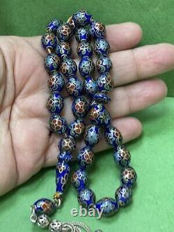 Antique Enameled 925 Silver Prayers Beads 33 Beads Rosary Very Rare Royal Blue R