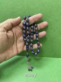 Antique Enameled 925 Silver Prayers Beads 33 Beads Rosary Very Rare Royal Blue R