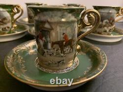 Antique Imperial Crown China Austria 6 Cups & Sucers FOX HUNT VERY RARE