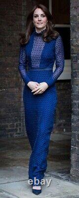 BNWT Very RARE Saloni Mary Devore Dot Silk ROYAL Blue Dress, UK 8 Us 4 ASO Kate