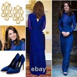 BNWT Very RARE Saloni Mary Devore Dot Silk ROYAL Blue Dress, UK 8 Us 4 ASO Kate