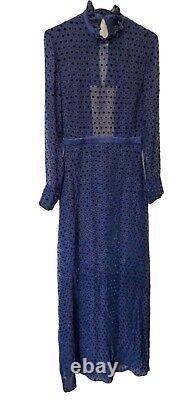 BNWT Very RARE Saloni Mary Devore Dot Silk ROYAL Blue Dress, UK 8 Us 4 ASO Kate