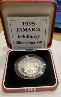 Bob Marley 1995 Royal Mint $50 Silver Proof Very RARE Jamaica Coin with COA