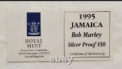 Bob Marley 1995 Royal Mint $50 Silver Proof Very RARE Jamaica Coin with COA