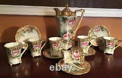 Gorgeous-Very Rare Nippon 12-Piece Chocolate Set Pink Roses and Gold Mark#38