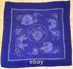 HERMES Ex-Libris Royal Blue 90 cm Cashmere Silk Scarf Box EXCELLENT VERY RARE