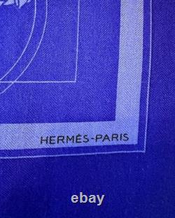 HERMES Ex-Libris Royal Blue 90 cm Cashmere Silk Scarf Box EXCELLENT VERY RARE