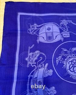 HERMES Ex-Libris Royal Blue 90 cm Cashmere Silk Scarf Box EXCELLENT VERY RARE