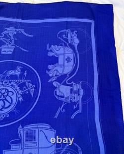 HERMES Ex-Libris Royal Blue 90 cm Cashmere Silk Scarf Box EXCELLENT VERY RARE