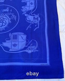 HERMES Ex-Libris Royal Blue 90 cm Cashmere Silk Scarf Box EXCELLENT VERY RARE