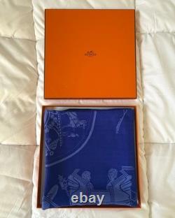 HERMES Ex-Libris Royal Blue 90 cm Cashmere Silk Scarf Box EXCELLENT VERY RARE
