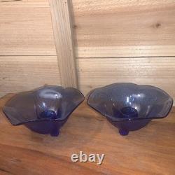 Hazel Atlas Cobalt Blue Royal Lace Ruffled Pair 2 Candlesticks Very Rare Euc