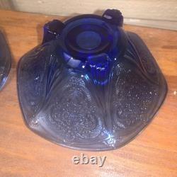 Hazel Atlas Cobalt Blue Royal Lace Ruffled Pair 2 Candlesticks Very Rare Euc