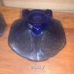 Hazel Atlas Cobalt Blue Royal Lace Ruffled Pair 2 Candlesticks Very Rare Euc