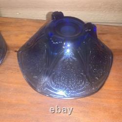 Hazel Atlas Cobalt Blue Royal Lace Ruffled Pair 2 Candlesticks Very Rare Euc