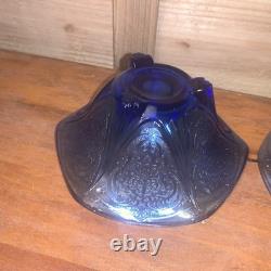Hazel Atlas Cobalt Blue Royal Lace Ruffled Pair 2 Candlesticks Very Rare Euc