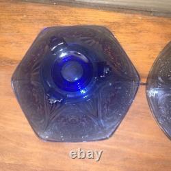 Hazel Atlas Cobalt Blue Royal Lace Ruffled Pair 2 Candlesticks Very Rare Euc