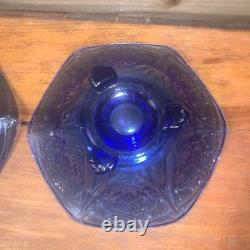 Hazel Atlas Cobalt Blue Royal Lace Ruffled Pair 2 Candlesticks Very Rare Euc