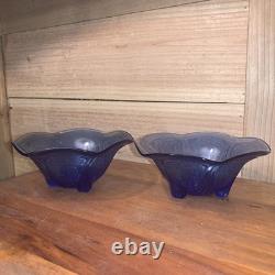 Hazel Atlas Cobalt Blue Royal Lace Ruffled Pair 2 Candlesticks Very Rare Euc