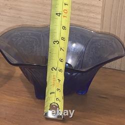 Hazel Atlas Cobalt Blue Royal Lace Ruffled Pair 2 Candlesticks Very Rare Euc