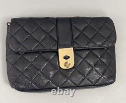 Jaeger Navy Blue + Gold Tone Quilted Leather Clutch Hand Bag Aso Royal Very Rare