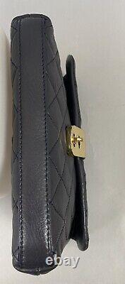 Jaeger Navy Blue + Gold Tone Quilted Leather Clutch Hand Bag Aso Royal Very Rare