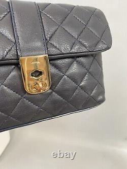 Jaeger Navy Blue + Gold Tone Quilted Leather Clutch Hand Bag Aso Royal Very Rare