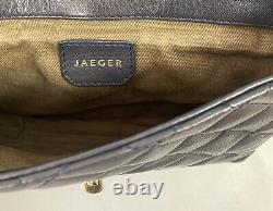 Jaeger Navy Blue + Gold Tone Quilted Leather Clutch Hand Bag Aso Royal Very Rare