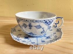 Large size! ROYAL COPENHAGEN Blue Fluted Full Lace tea cup & saucer, very rare