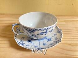 Large size! ROYAL COPENHAGEN Blue Fluted Full Lace tea cup & saucer, very rare