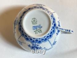 Large size! ROYAL COPENHAGEN Blue Fluted Full Lace tea cup & saucer, very rare