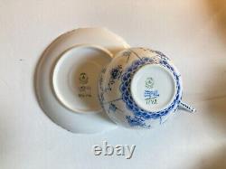 Large size! ROYAL COPENHAGEN Blue Fluted Full Lace tea cup & saucer, very rare