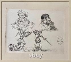 Queen Victoria Very Rare Original Etching of Knights Fighting & 2 Other Men 1840