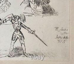 Queen Victoria Very Rare Original Etching of Knights Fighting & 2 Other Men 1840
