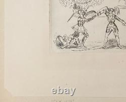Queen Victoria Very Rare Original Etching of Knights Fighting & 2 Other Men 1840