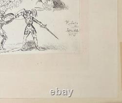 Queen Victoria Very Rare Original Etching of Knights Fighting & 2 Other Men 1840