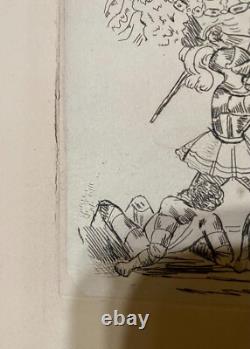 Queen Victoria Very Rare Original Etching of Knights Fighting & 2 Other Men 1840